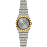 Luxury Tudor watch featuring a silver and gold design, diamond markers, and a chic style.