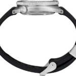 Sleek stainless steel wristwatch with a rubber strap and ergonomic crown for easy adjustments.