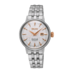 Elegant Seiko Presage watch with textured silver dial and rose gold accents for timeless style.