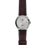 Elegant Tudor automatic wristwatch with stainless steel case, rose gold hands, and leather strap.