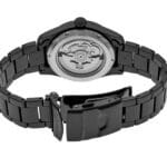 Sleek black Seiko watch with transparent case back showcasing intricate mechanical movement and stylish design.