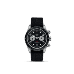 Modern stainless steel chronograph watch with black dial, luminescent markers, and textured strap.