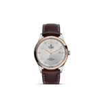 Tudor luxury watch features stainless steel, rose gold, and a brown leather strap.