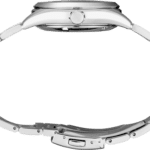 Elegant stainless steel watch with interlocking bracelet, showcasing luxury design and craftsmanship.