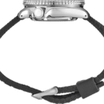 Elegant silver wristwatch with a braided black band and gem-encrusted bezel for luxury style.