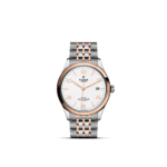Tudor watch with rose gold and stainless steel, featuring a white dial and self-winding movement.