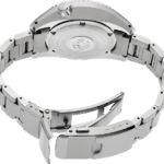 Stainless steel watch with polished finish, luminous markers, and interlocking bracelet for style and durability.