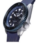 Stylish Seiko automatic watch with blue bezel, black dial, and navy silicone strap.
