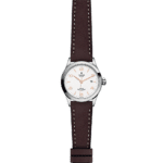 Elegant Tudor wristwatch with a white dial, stainless steel case, and brown leather strap.