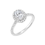 Elegant oval-cut diamond engagement ring with a halo and twisted band design.