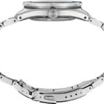 Stylish stainless steel wristwatch featuring a polished case and adjustable link band.