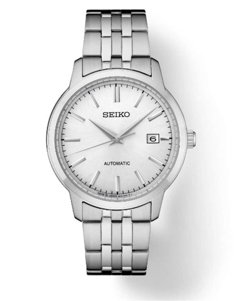 Sleek Seiko automatic silver watch with stainless steel bracelet, perfect for any occasion.