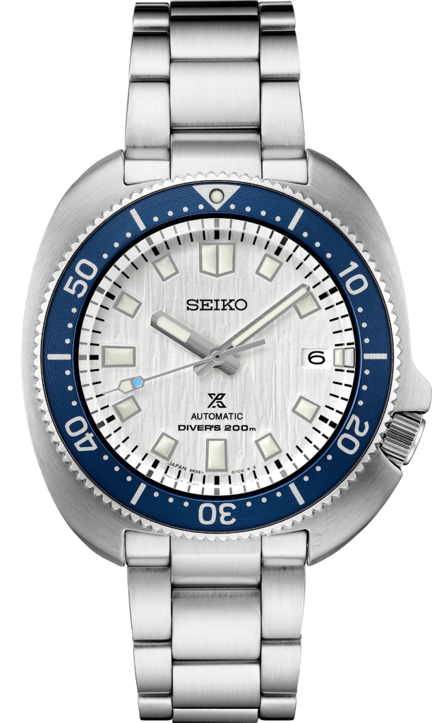 Stylish Seiko diving watch features a stainless steel body, blue bezel, and luminous markers.