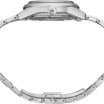 Stylish stainless steel wristwatch with polished case and interlocking link band for elegance and durability.