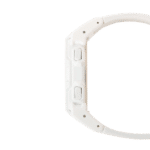 Sleek white smartwatch design with angular features, buttons, and flexible band for active lifestyles.
