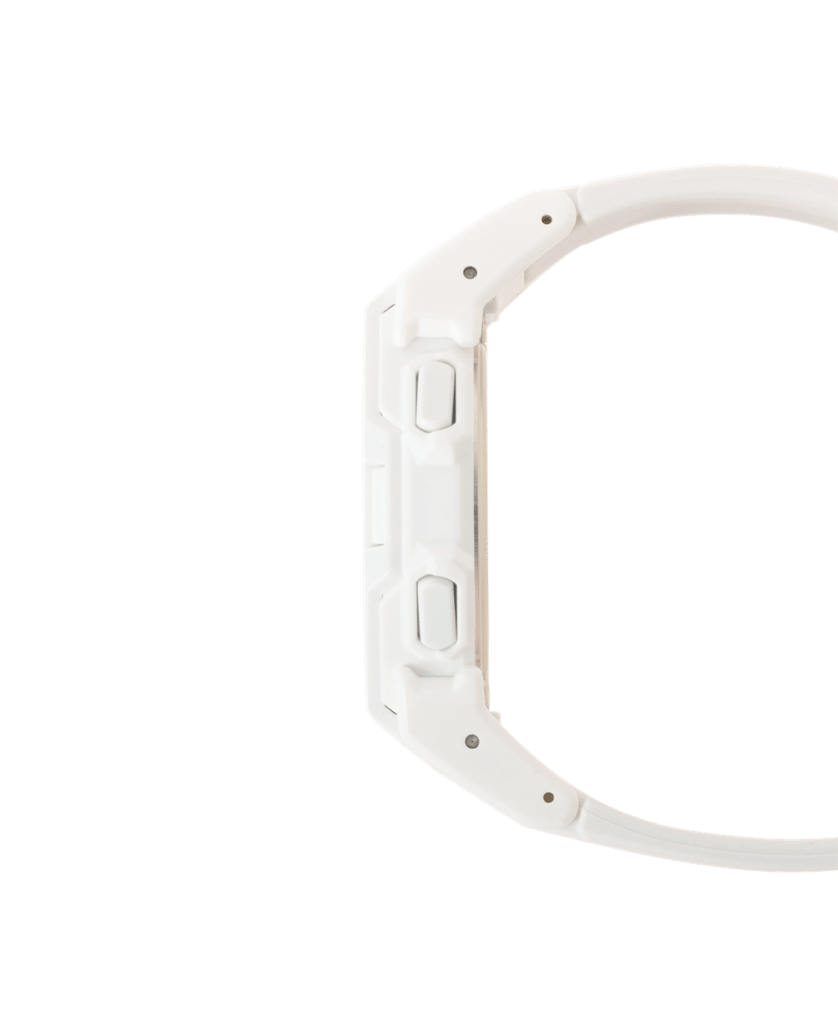 Sleek white smartwatch design with angular features, buttons, and flexible band for active lifestyles.