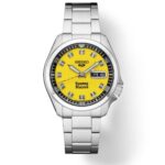 Bright yellow Seiko watch with stainless steel bracelet, featuring luminescent markers and date function.