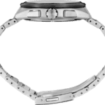 Elegant stainless steel wristwatch with polished case, black bezel, and versatile chronograph features.