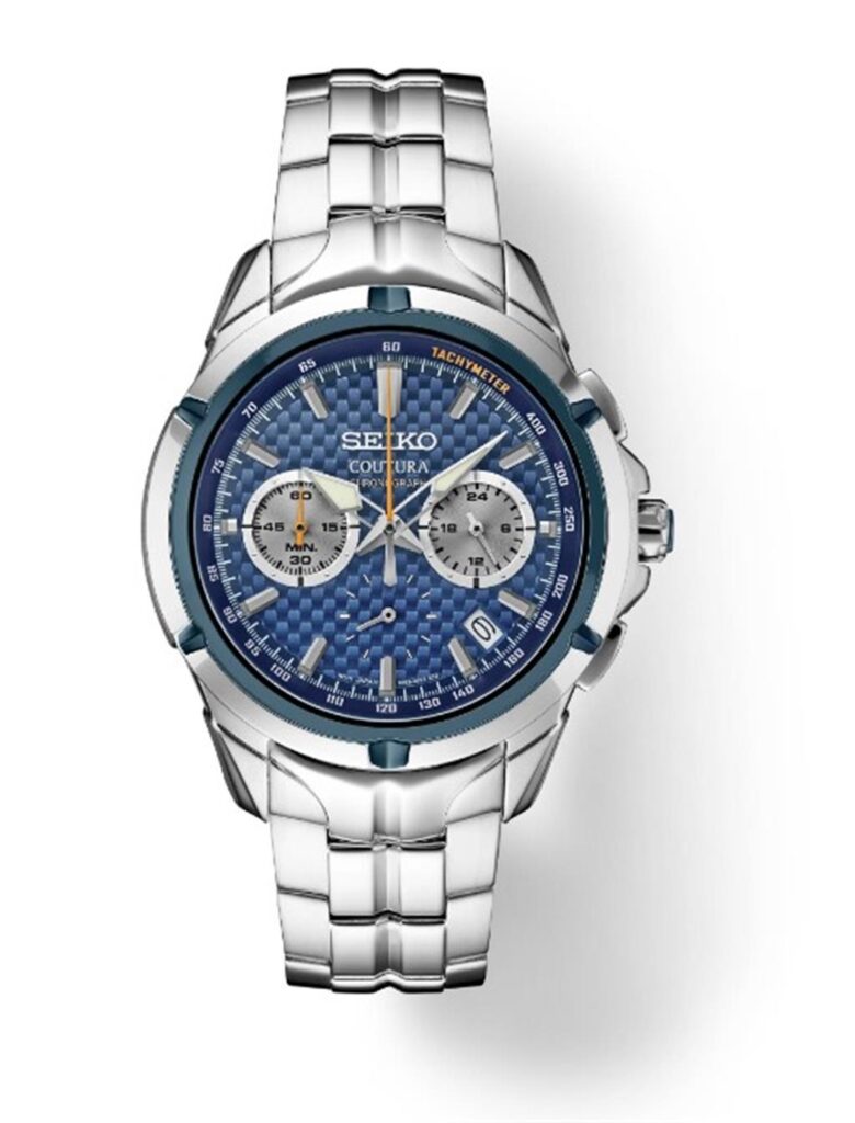 Sleek Seiko Coutura watch with blue dial and stainless steel bracelet, ideal for all occasions.