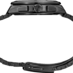 Rugged black wristwatch with chain link strap and multifunctional features for active lifestyles.