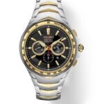 Elegant Seiko Coutura chronograph watch in stainless steel and gold, featuring a black dial.
