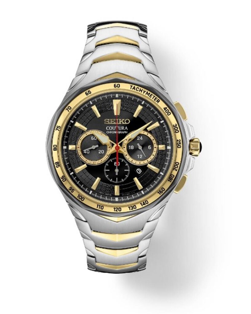 Elegant Seiko Coutura chronograph watch in stainless steel and gold, featuring a black dial.