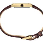 Elegant gold rectangular wristwatch with a dark brown leather strap, perfect for any occasion.