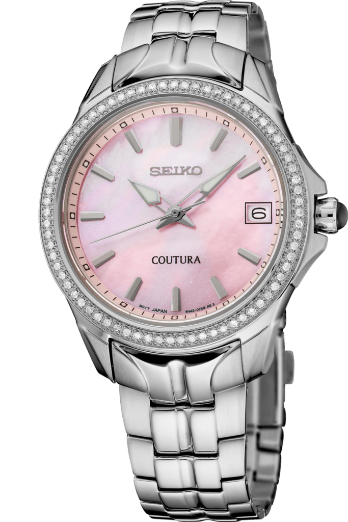 Elegant Seiko Coutura watch with pink dial and sparkling bezel, perfect for any occasion.