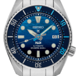 Seiko PADI diving watch with blue dial, stainless steel case, and 200m water resistance.