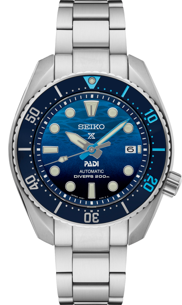 Seiko PADI diving watch with blue dial, stainless steel case, and 200m water resistance.