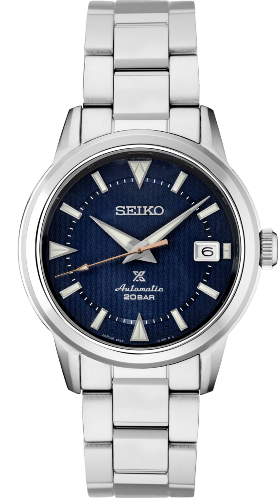 Elegant Seiko automatic watch with navy dial, stainless steel case, and luminescent markers.