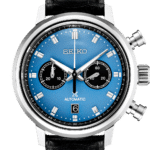 Seiko chronograph watch with vibrant blue dial and black leather strap, perfect for any occasion.