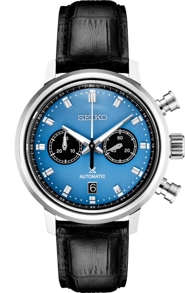 Seiko chronograph watch with vibrant blue dial and black leather strap, perfect for any occasion.
