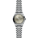 Elegant Tudor watch with stainless steel case, luminescent dial, and classic metal bracelet.