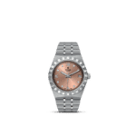 Tudor stainless steel watch with rosy pink dial and diamond markers for elegant style.