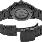 Sleek black chronograph watch with stainless steel case, limited edition, and intricate design details.