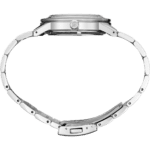 Sleek stainless steel watch with elegant design, interlocking links, and polished finishes for timeless style.