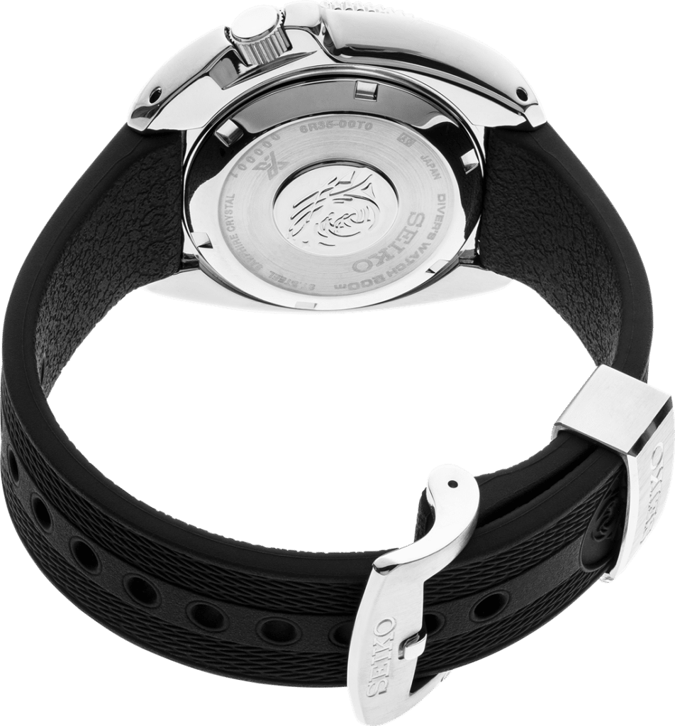 Seiko watch back showcasing polished stainless steel casing, engravings, and durable rubber strap.