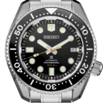 Seiko automatic dive watch features stainless steel, black dial, luminescent markers, and 300m water resistance.