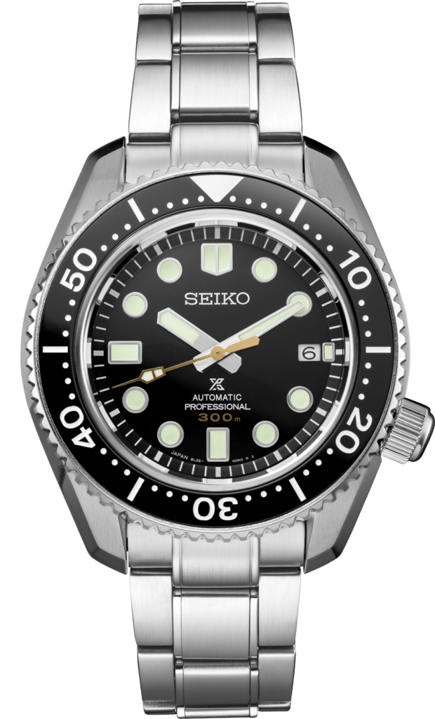 Seiko automatic dive watch features stainless steel, black dial, luminescent markers, and 300m water resistance.
