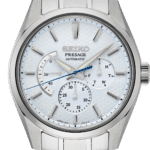 Seiko Presage automatic watch featuring a textured dial, date and day sub-dials, and stainless steel design.