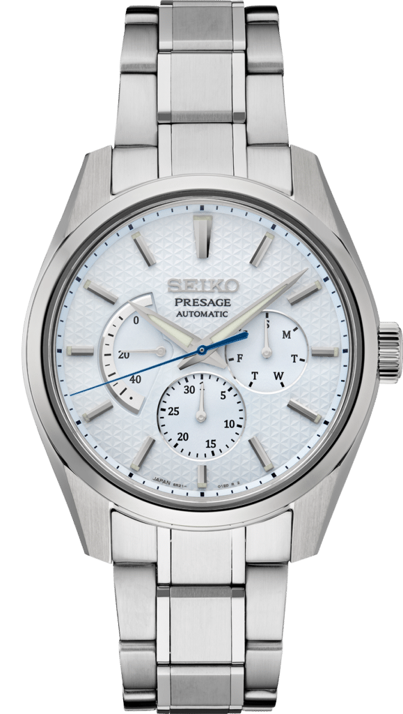 Seiko Presage automatic watch featuring a textured dial, date and day sub-dials, and stainless steel design.