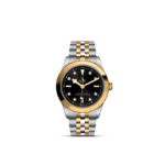 Elegant Tudor watch with black dial, gold accents, and polished bracelet for luxury style.