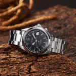 Seiko watch on wooden surface showcasing modern design, polished stainless steel, and sporty features.