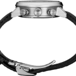 Sophisticated stainless-steel chronograph watch with black leather strap, perfect for any occasion.