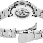 Elegant Seiko stainless steel watch with automatic movement and intricate design details.