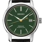 Elegant Seiko Presage watch with green dial, gold accents, and durable leather strap.