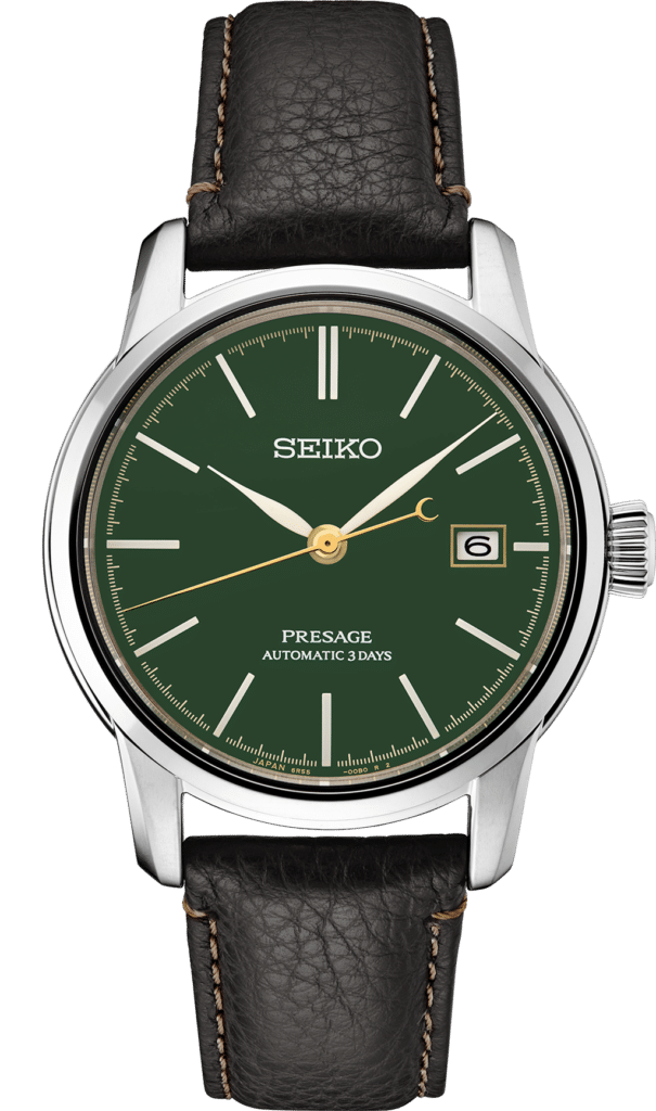 Elegant Seiko Presage watch with green dial, gold accents, and durable leather strap.