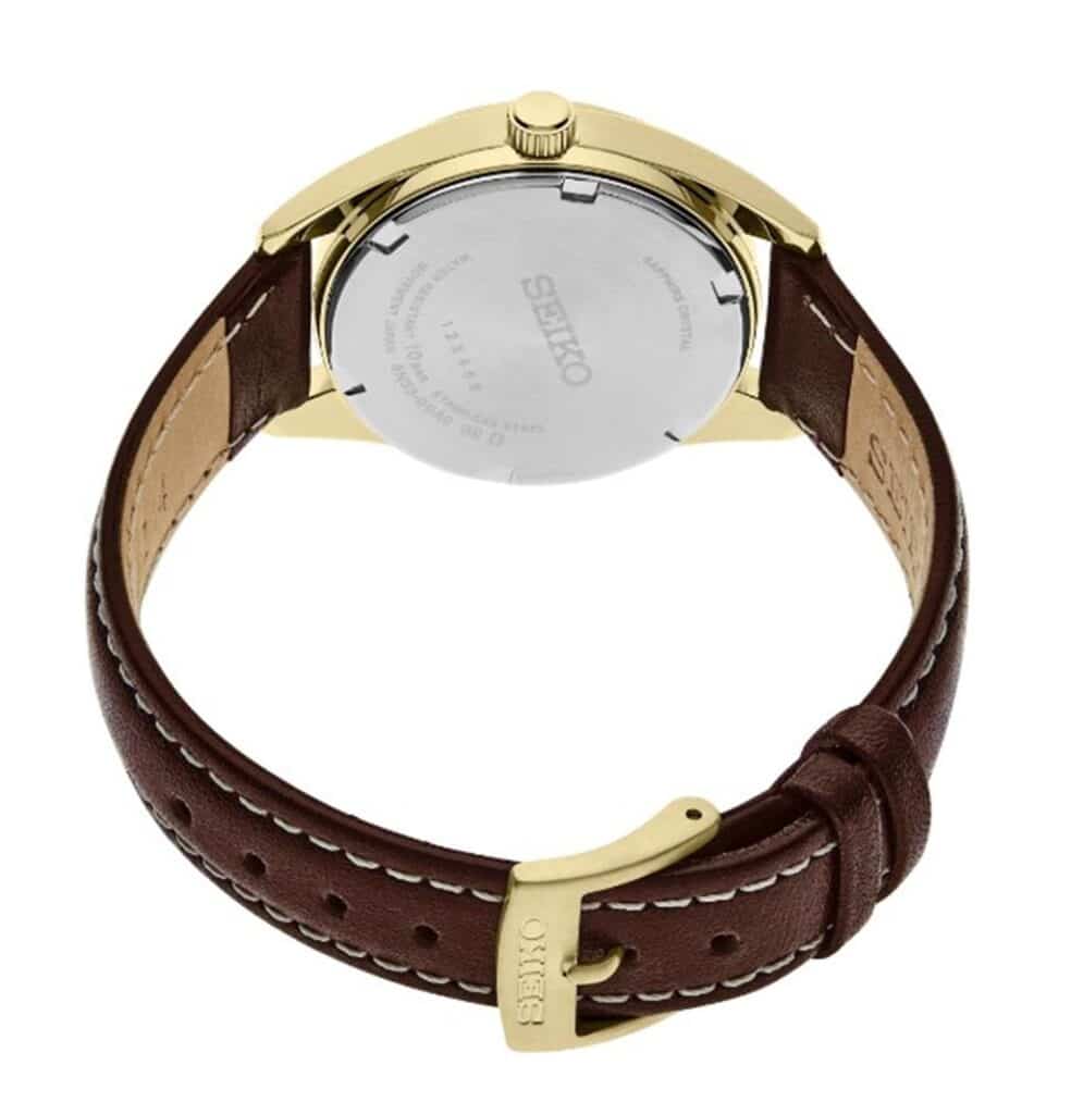 Elegant Seiko watch with gold-tone case and brown leather strap, showcasing luxury and craftsmanship.