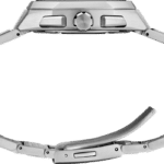 Sleek stainless steel wristwatch with modern design and adjustable interlocking bracelet for versatility.